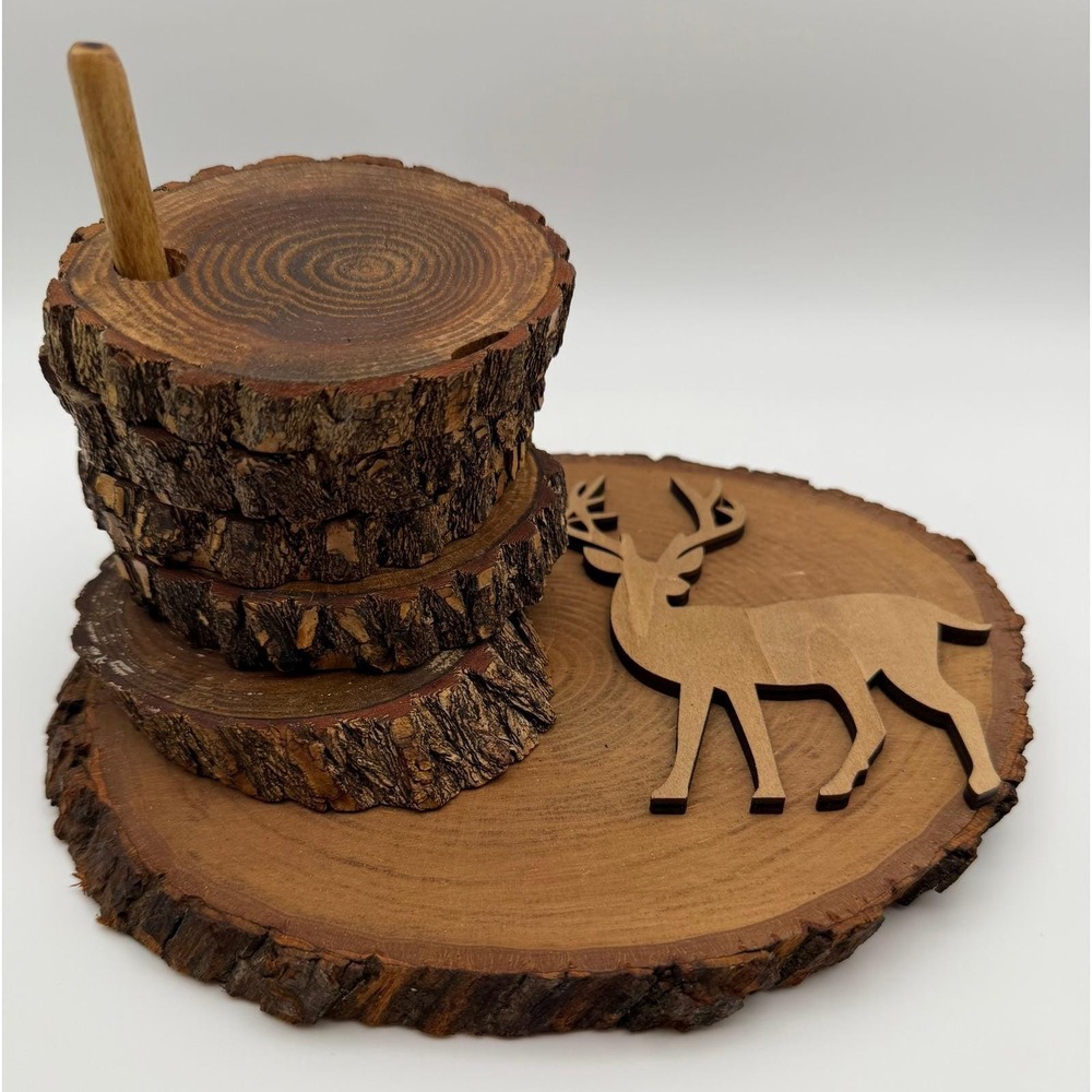 Handmade Rustic Live Edge Wood Coaster Set with Deer Accent and Storage Base